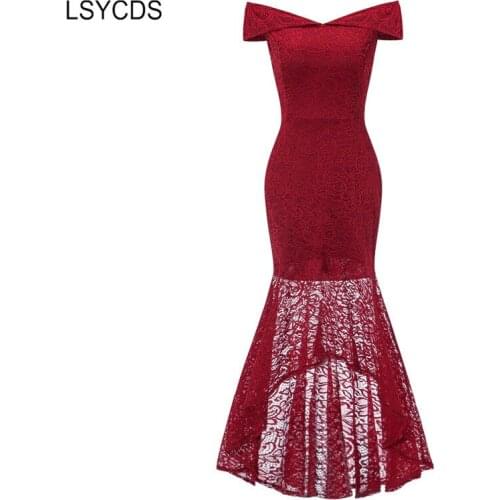 LSYCDS Elegant Lace Dress Long Off Shoulder Bodycon Maxi Dress Vintage High Low Hem Women Sexy Evening Party Dresses for Women