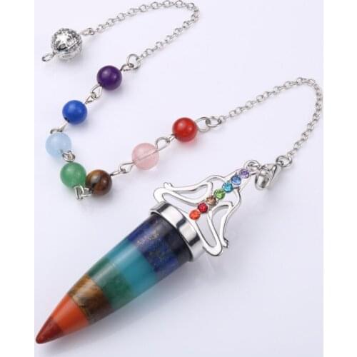 FYJS Unique Silver Plated Bead Chain Healing Chakra Pendulum Pendant Rainbow Stone Pyramid with Buddha Jewelry
