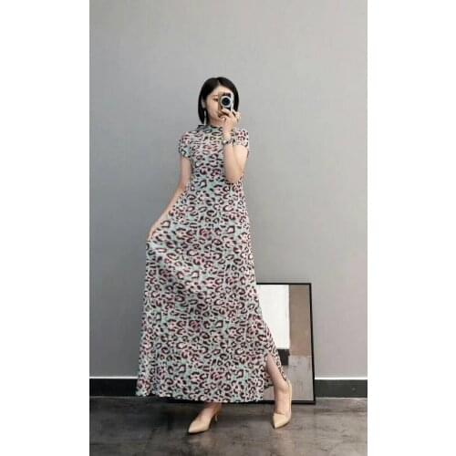 HOT SELLING Miyake Fashion short sleeve print Half high collar fold dress A-Line long dress IN STOCK