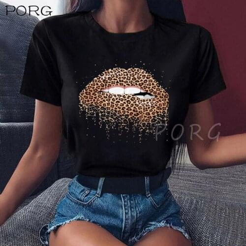 Summer Woman Fashion Shirt Lips Leopard Graphic T Shirts Women Tops Base O-neck Black Tees Kiss Leopard Lip Funny Girls Tshirt