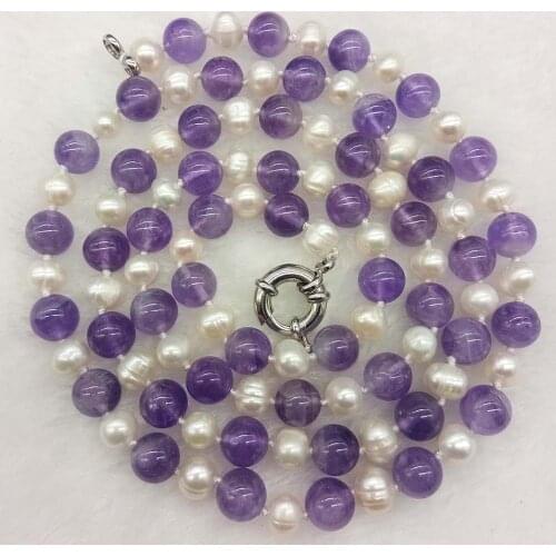 LJHMY String White Freshwater Pearl Natural Amethyst Necklace Long 30 inches