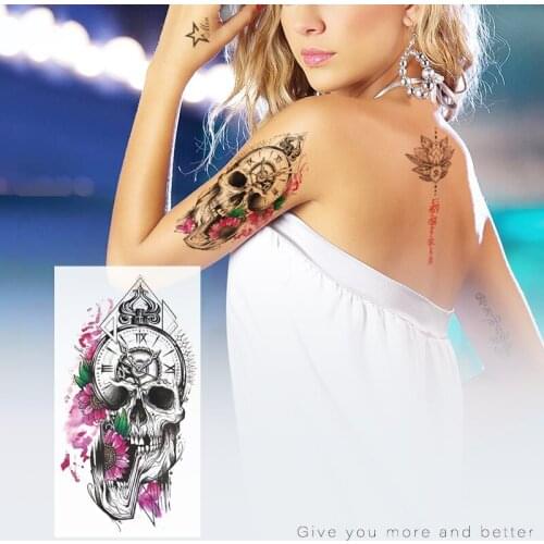 Fashion Women Girl Waterproof Temporary Tattoo Skull Sticker Black Roses Design Flower Arm Body Art Fake Tattoo Sticker Men