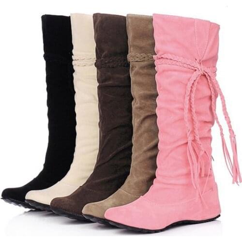 Fashion Flock Women Boots Fringe Lace-up Wedge Heels Long Boots Winter Shoes Woman Tassel Knee High Boots Size 35-43 WSH762