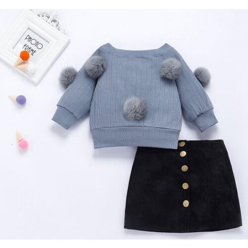 1-6Y Autumn Toddler Baby Kids Girls Clothes Sets Long Sleeve Hairball Knit Tops Sweater+Button Mini Skirt Warm Outfits Sets