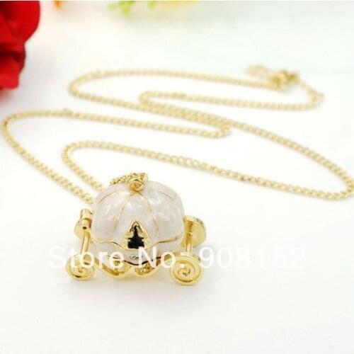 Lovely Can-Open Pumpkin Carriage Pendant Necklace, Long Chain Necklace, Pumpkin Car Necklace