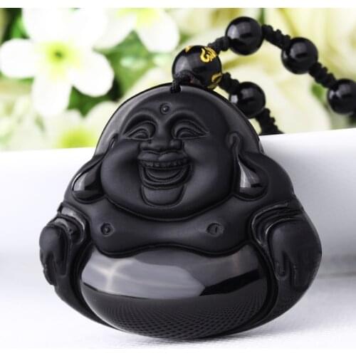 Drop Shipping Mens Necklace Pendant Natural Obsidian Maitreya Laughing Buddha Gift for Men Women Fine Jades Stone Jewerlry