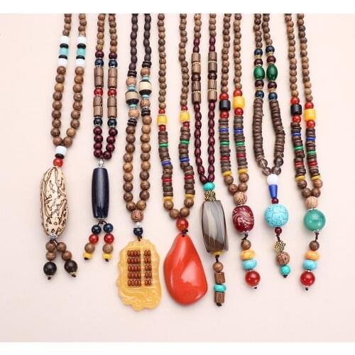 Retro Nepal Buddhist Mala Bead Pendant Necklace Vintage Ethnic Wooden Bead Horn Fish Pendant Long Ethnic Jewelry Lucky Gift