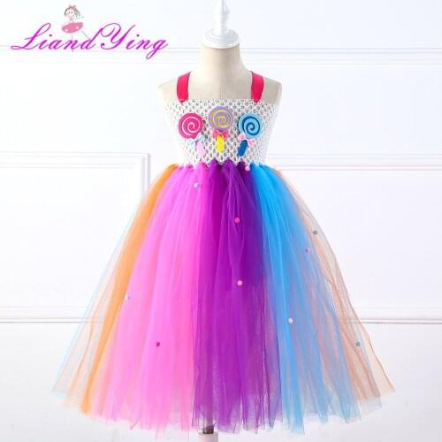 Girls Flower Candy Colorful Tutu Party Dress Baby Kids Crochet Tulle Strap 2-12Y Children Rainbow Dresses New Year Clothing