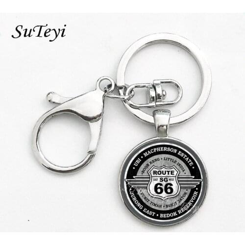 Unique Artistic picture Route 66 Signs Key Chain Charming Men And Women Gifts Round Glass Cabochon Pendant Handmade Key Ring