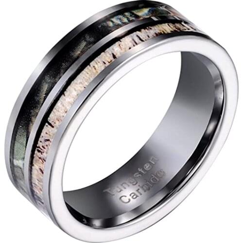 POYA TUNGSTEN Rings for Men 8mm Antler and Camouflage Inlay Wedding Engagement Band Comfort Fit