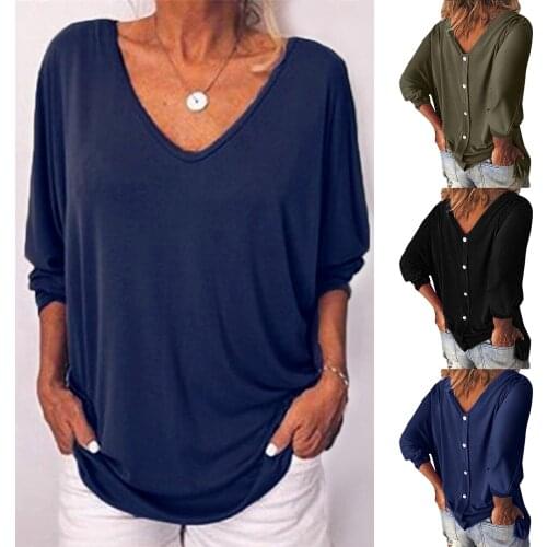 European And American Women Clothing V Collar Bat 3/4 Sleeve Back Button T-shirt Women Top In Stock Cotton Long 2021