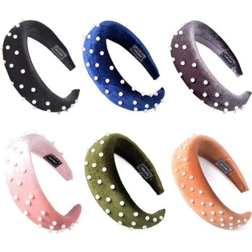 Women Hairbands Flannel comfortable Girls Imitation Pearls Hairband 4cm wide 1.5cm thick sponge plastic Pad Hair bands Wholesale
