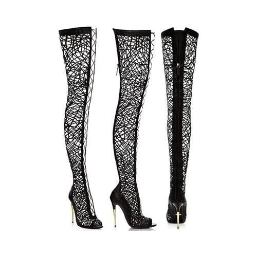 New 2017 Women Over Knee High Boots Black Lace Thigh High Gladiator Summer Booties Sexy Thin Heel Cuts Out Boots Peep Toe