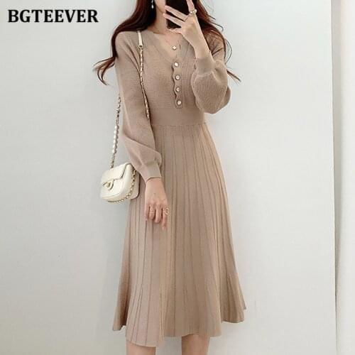 BGTEEVER Elegant Women Single-breasted Sweater Dress 2020 Winter Warm Slim Waist Female Knitted Dress A-line Vestidos femme