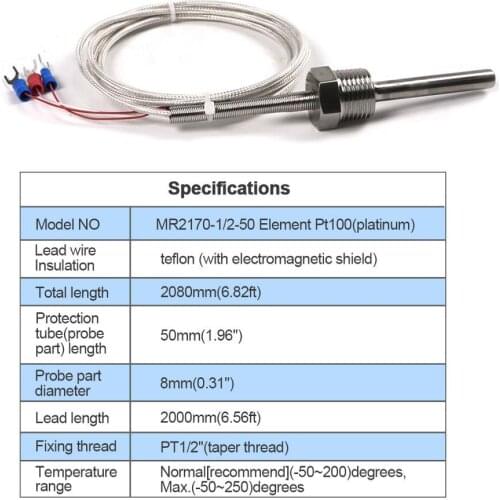 1PC Durable Stainless Steel Pt100 Ohm Probe Sensor L 50mm Pt NPT 1/2 inch Thread with Insulation Lead Wire Waterproof