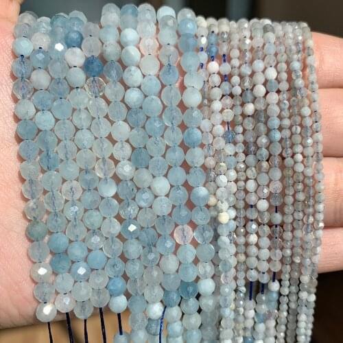 100% Natural Blue Aquamarines Gems Stone Bead Faceted Tiny Loose DIY Beads for Jewelry Making Handmade Bracelet 15inch 2/3/4mm