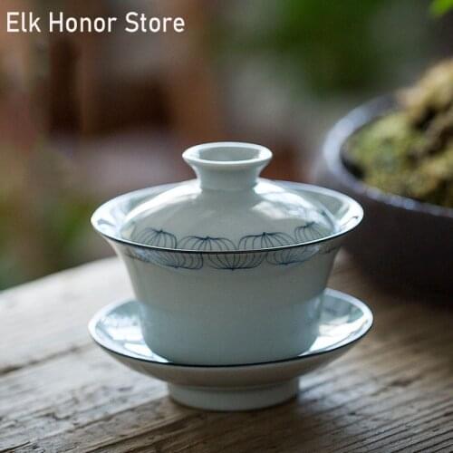 150ml Retro Hand Painted Lotus Tea Tureen Jade Porcelain GaiWan Ceramic Bowl With Lid Cup Saucer Home Decoration Accessorie Gift