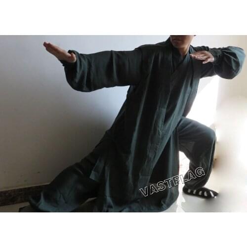 Unisex dark green Linen CUSTOMIZED kung fu martial arts suits taiji clothing sets tai chi uniforms Wudang taoist robe 3pcs