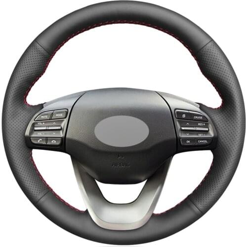 Black Artificial Leather Hand-stitched No-slip Car Steering Wheel Cover for Hyundai Kona 2017 2018 2019