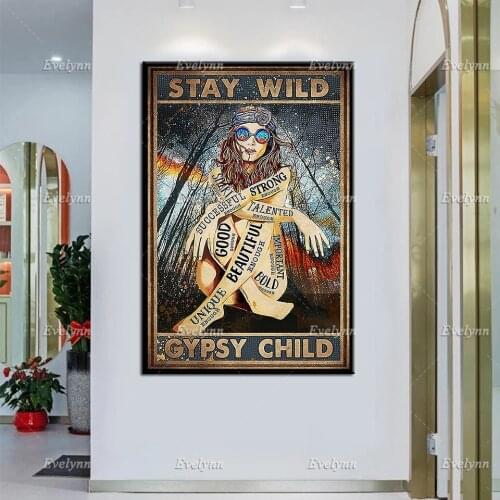 Stay Wild Gypsy Child Poster, Hippie Girl Prints, Flower Children, Hippie Gift, Vintage Canvas, Wall Art Home Decor Unique Gift