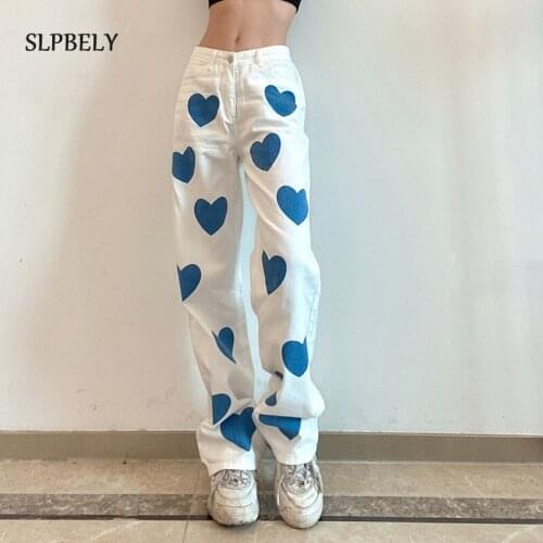 SLPBELY Heart Printed Jeans Retro High Waist White Y2K Long Trousers Harajuku Denim Cowboy Pants Loose Streetwear Straight Jean