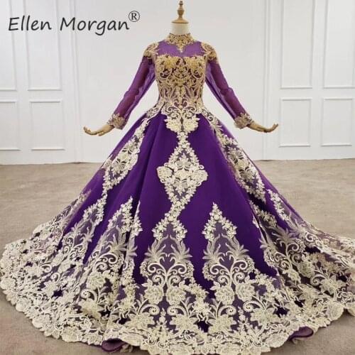 Purple High Neck Ball Gowns Evening Dresses 2020 for Women Long Sleeves Muslim Dubai Cafans Event Formal Lace Stones Real Images