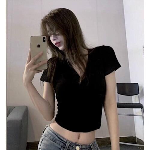 Summer Short Solid color V collar Women Short Sleeve T-shirt Female Sexy Tshirt Tops