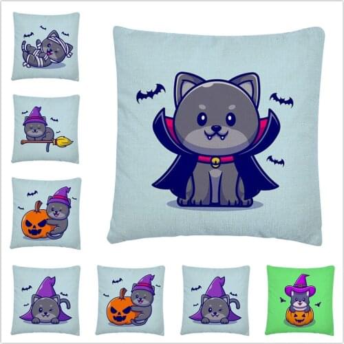 Halloween Cat Cartoon Pattern Linen Cushion Cover Pillowcase Home Sofa Car Decoration Pillowcase45X45 Cm