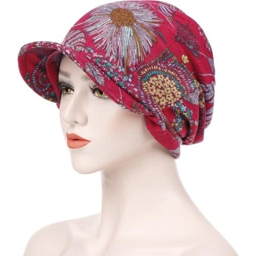 Fashion Women Floral Print Cotton Keep Warm Winter Wide-Brimmed Cap Turban Visor Hat Turbante mujer