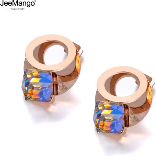JeeMango Fashion Titanium Stainless Steel Colorful CZ Crystal Earrings Rose Gold Office Stud Earrings Jewelry For Women JE19311