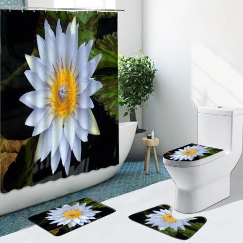 White Lotus Bathroom Set Shower Curtain Green Plant Flower Butterfly Non-Slip Rugs Flannel Toilet Cover Bath Mat Indoor Decor