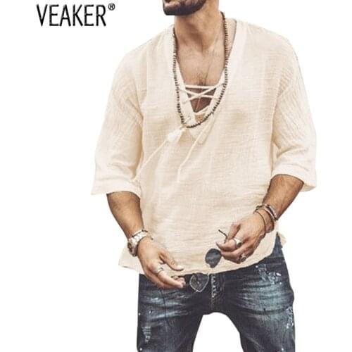 2020 New Mens hollow out Linen T shirt Male Sexy Deep V Neck bandage T shirts Casual Solid Color Linen tshirt Tops S-4XL