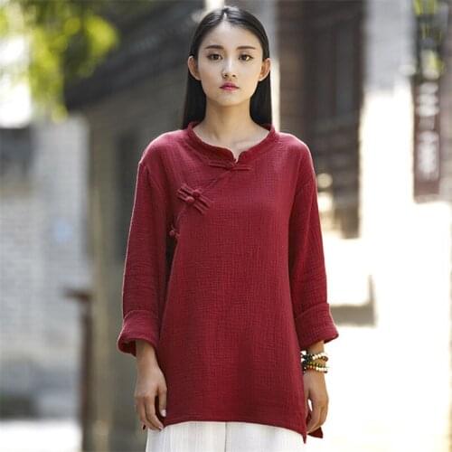 Autumn O-Neck Long Sleeves Women Blouse Chinese Style Buttons Cotton Linen Shirt Casual Tops Femininas Blusas Plus Size M-6XL