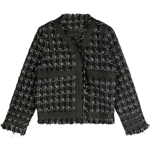 VSUE Women Plaid Button Long Sleeve V Neck Jacket Short Cropped Single-breasted Black Tweed C0394