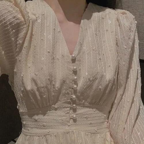 French dress ladies solid color V-neck puff sleeve mid-length dress waist slimming dress ladies 2021 spring and autumn models