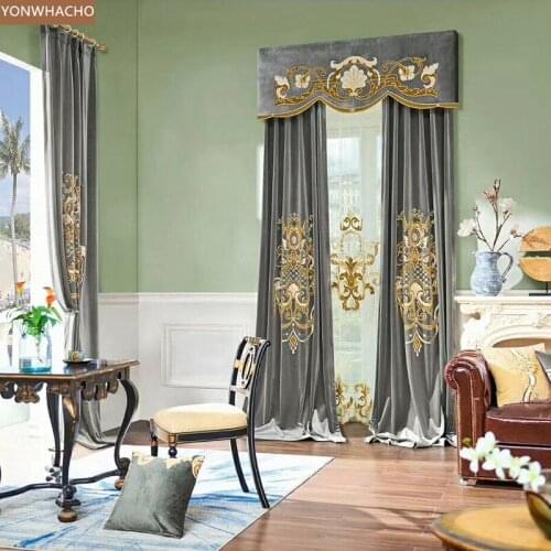 Custom curtains high quality luxury European embroidered velvet thick grey cloth blackout curtain valance tulle panel drapeB648