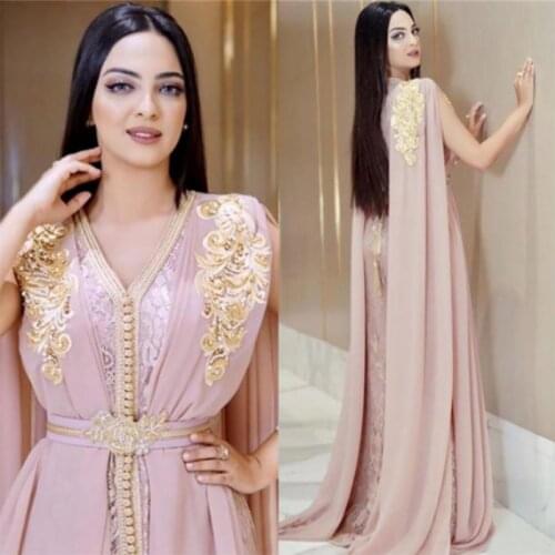 Blush Pink Beaded Muslim Long Evening Dresses Luxury Dubai Moroccan Kaftan Dress Chiffon V Neck Formal Gown Evening Party Dress