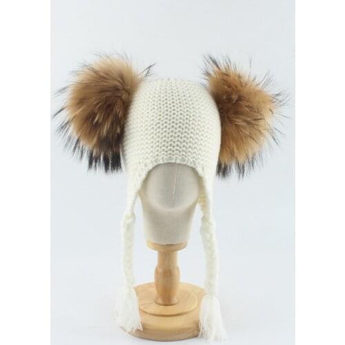 Real Raccoon Fur Ball Hat For Kids Winter Knitted Warm Beanies Double Pompom EarFlap Cap Baby Girls Boy Children