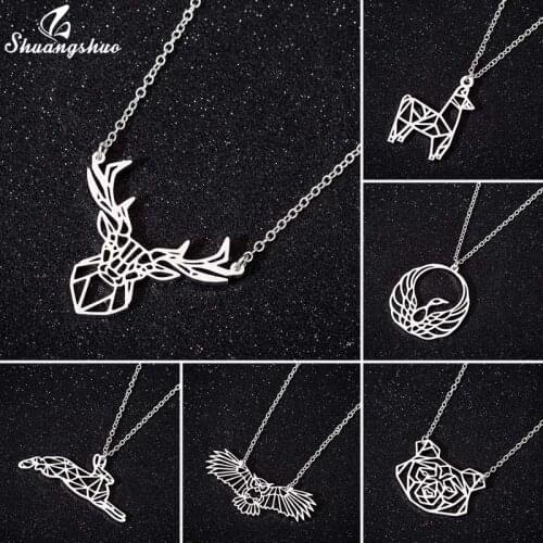 Shuangshuo Vintage Style Elk Pendant Necklace Hollow Rabbit Owl Dog Stainless Steel Necklace for Women Statement Jewelry Gift