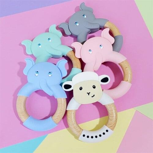 5/10PCS Animal Silicone Teether Wooden Elephant ring Baby Teething Accessories Cows Soother Chew Dummy toy Christmas Gift