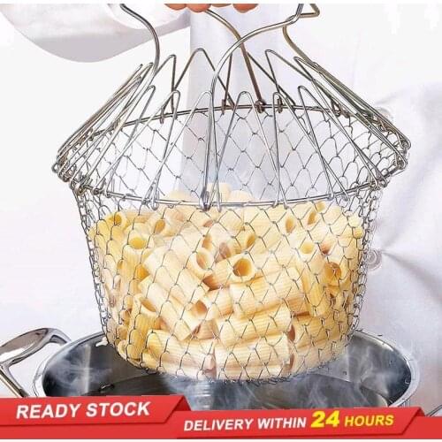 Stainless steel folding frying basket chef basket new telescopic frying basket multifunctional household kitchen basket filter
