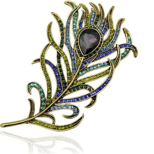 Vintage Female Crystal Feather Brooch Dainty Gold Color Jewelry Brooches For Women Cute Purple Zircon Pin Dress Coat Accessory