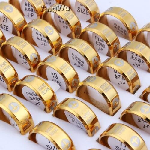 Yingwu Wholesale 10pcs/lot 316L Stainless Steel Rings For Women Men Cross Jesus Gold Color Ring Band Jewelry
