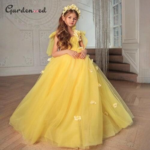 Yellow Kids Flower Girl Dresses Tulle Layers First Communion Dresses Puff sleeves Bow Knot Girl Wedding Little Bride Dresses