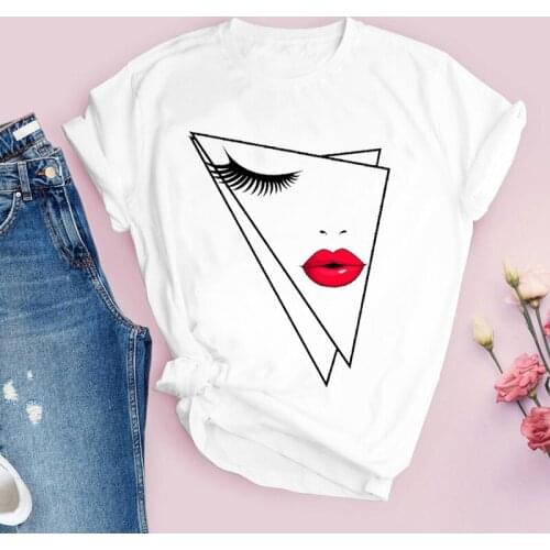 Women Face Lip Print Cartoon Casual Fashion Short Sleeve Summer Lady Tops T-Shirt Shirt Womens Clothing Tees Female T Shirt