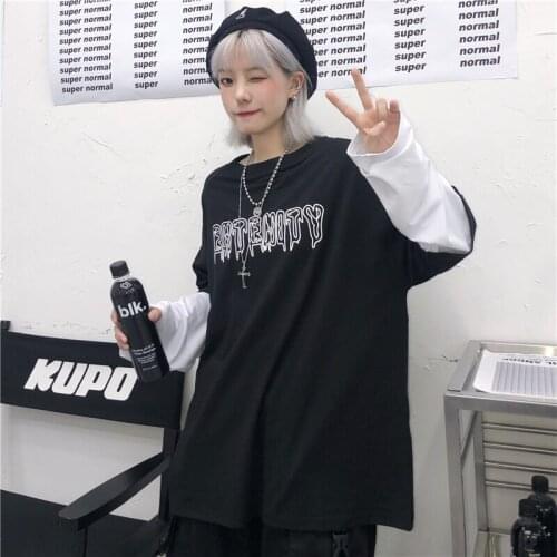 Womens T-shirts Tops Japanese Kawaii Ladies Ulzzang Stitching Letters Loose T-shirt Female Korean Harajuku Clothes For Women