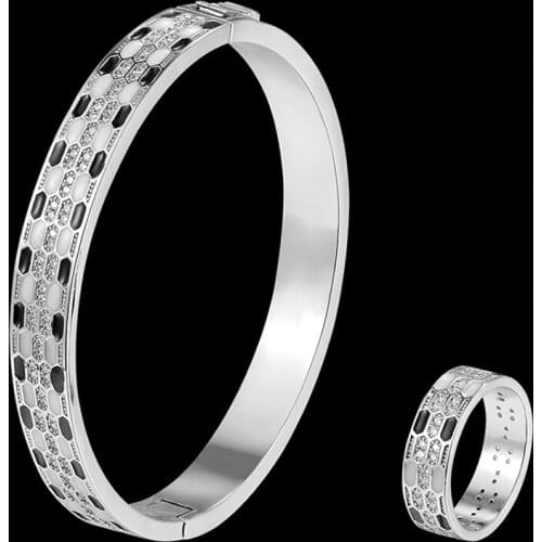 Zlxgirl copper Enamel Snake shape animal Bangle &Ring Jewelry sets cubic Zircon Love Bangle Anel Men copper Anniversary Jewelry