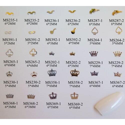 100pcs/bag Silver/Gold Mustache Glasses Pipe Poker Crown non-adhesive Soft Metal Sticker Nail Art Decoration