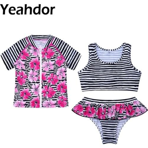 3Pcs Kids Girls Clothes Set Swimsuit Swimwear Sleeveless Striped Vest Short Sleeve Zipper Floral Print Coat with Ruffled Briefs