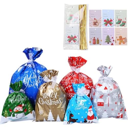 30pcs Merry Christmas Santa Gift Bag Candy Bag PET Aluminized Snowflake Crisp Drawstring Bag Cookies Candy Packaging Bags